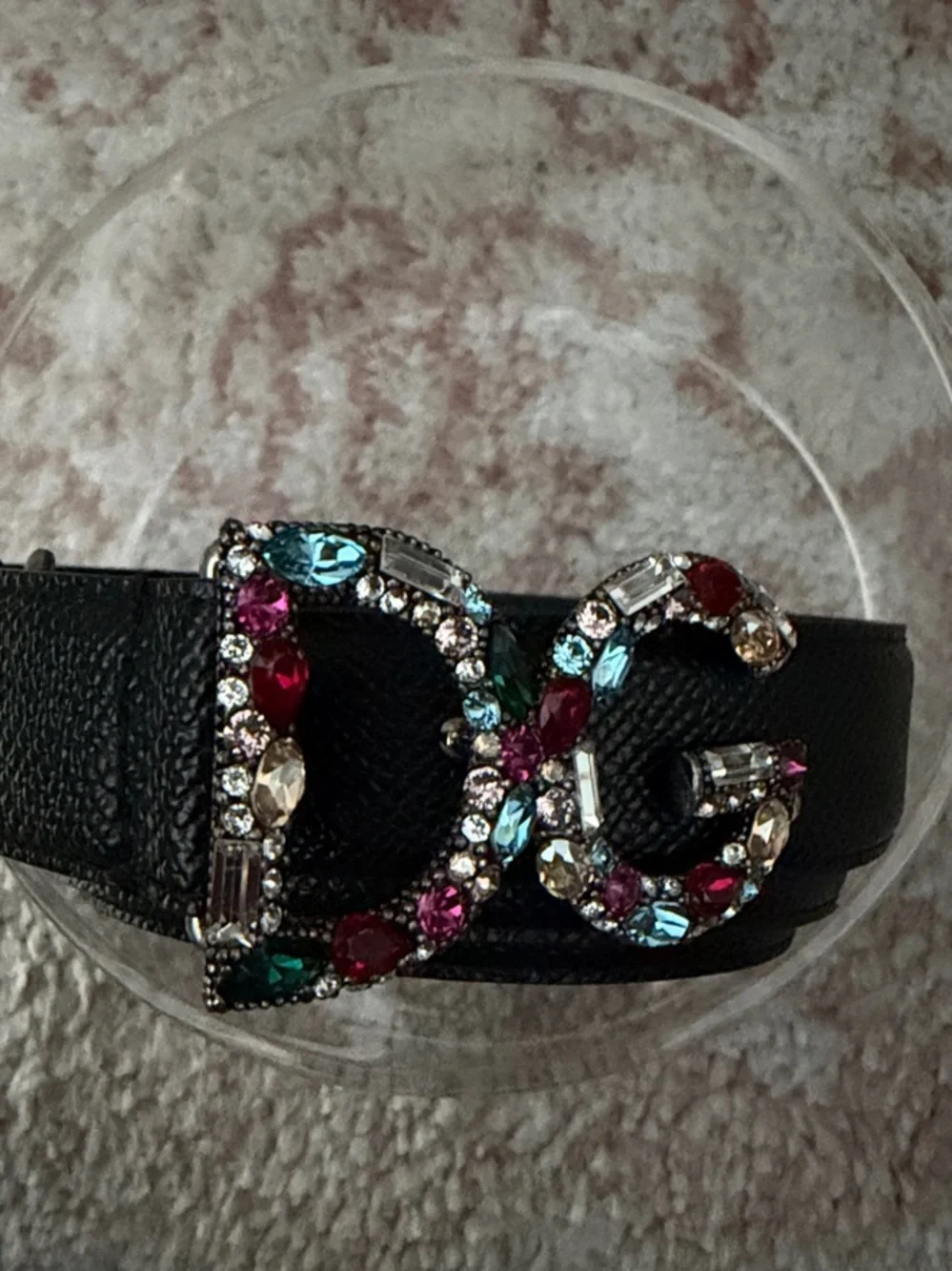 Crystal-Embellished Black Leather Belt - Designer-Style Double G Buckle
